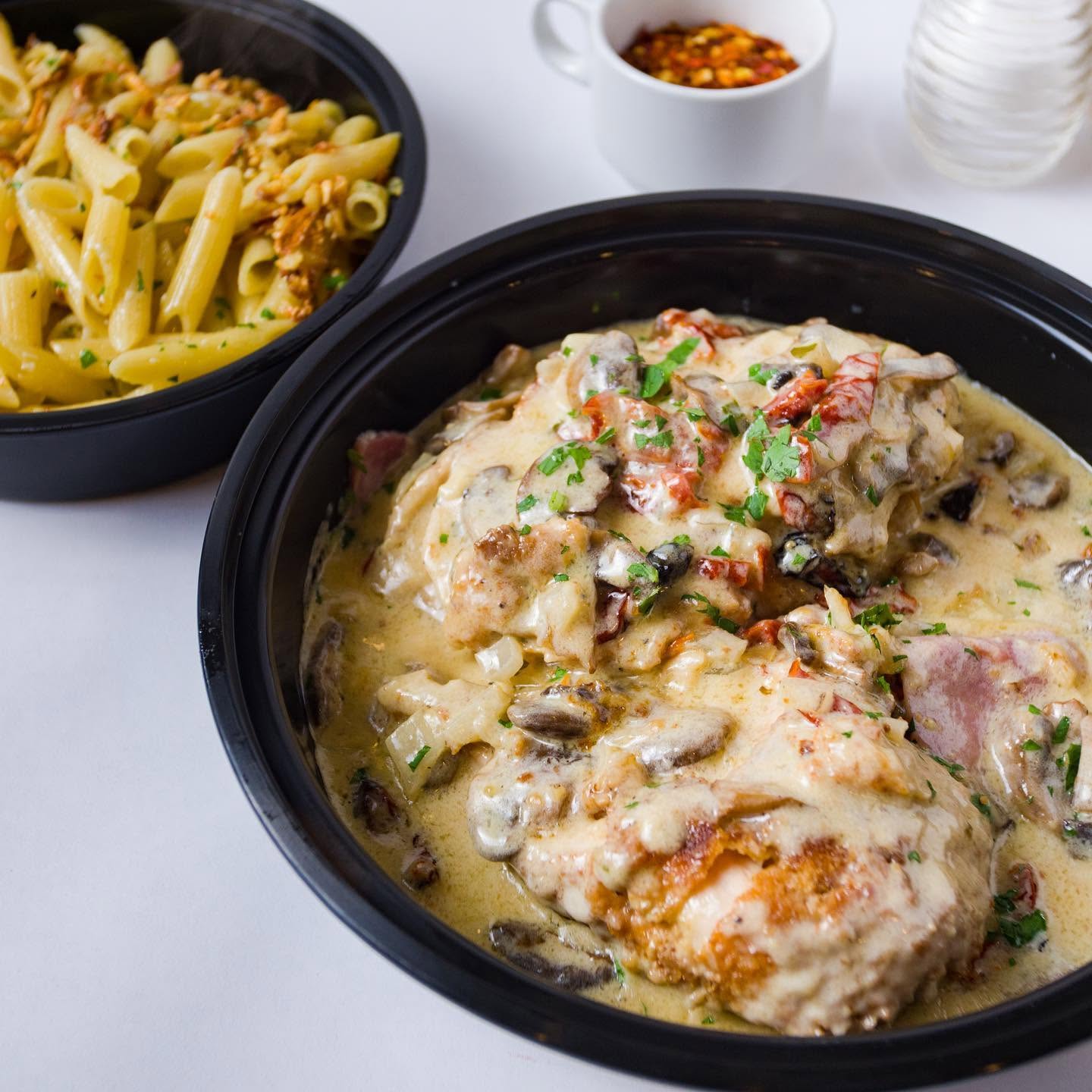 Chicken in a creamy mushroom and pancetta sauce