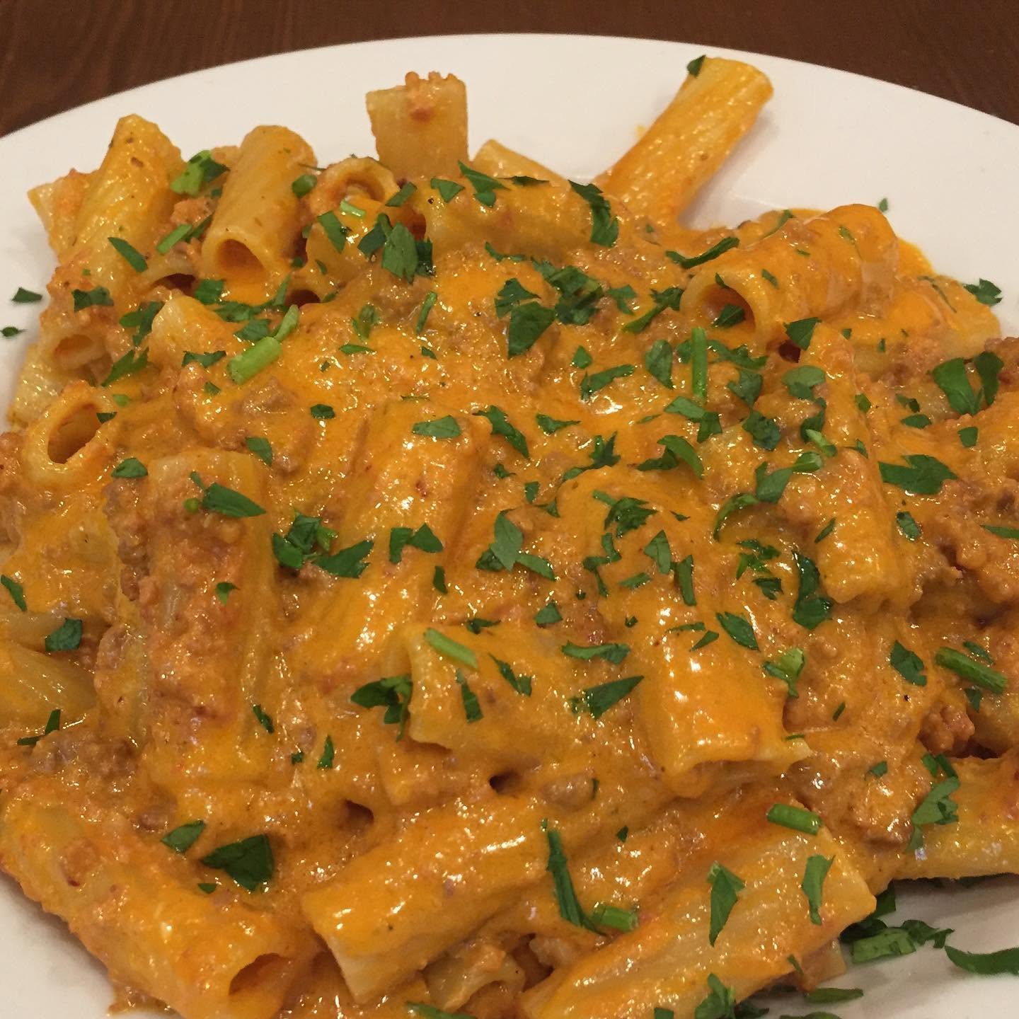 Rigatoni in a creamy vodka meat sauce