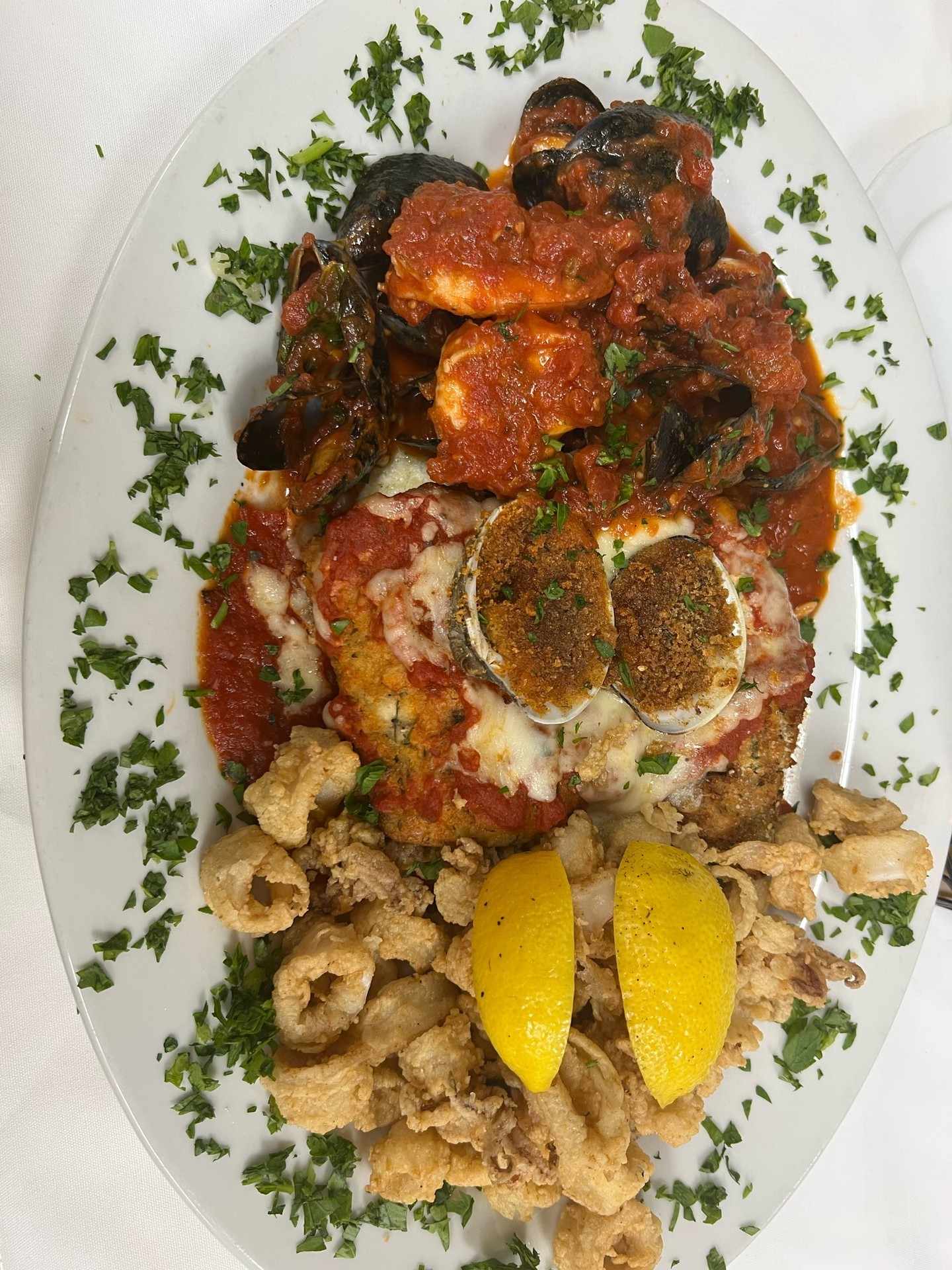 Seafood platter with mussels, baked clams, and fried calamari