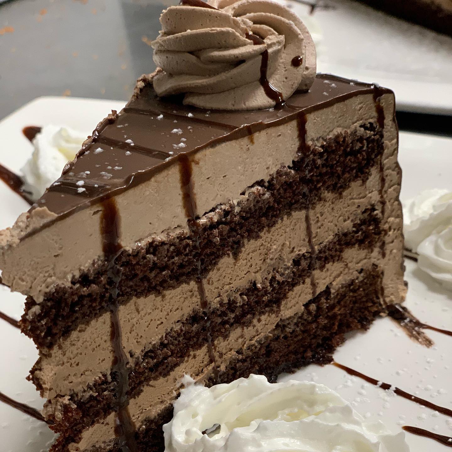 Layered chocolate mocha cake with whipped cream